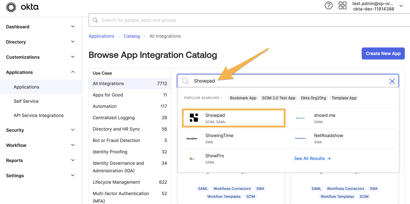 Search for the Showpad app in the Okta Applications Catalog